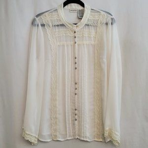 Sheer White Long Sleeve Pleated Front Blouse